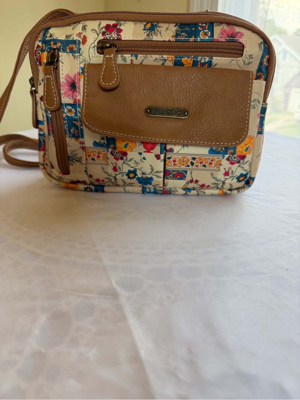 Multisac Floral Patchwork Purse/ cross body with Tan Trim